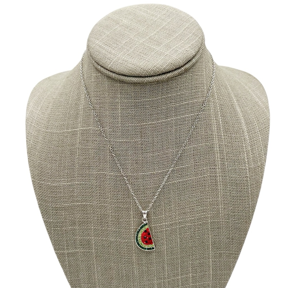 NWOT Macy’s Crystal Watermelon Slice Pendant Silver Tone Necklace